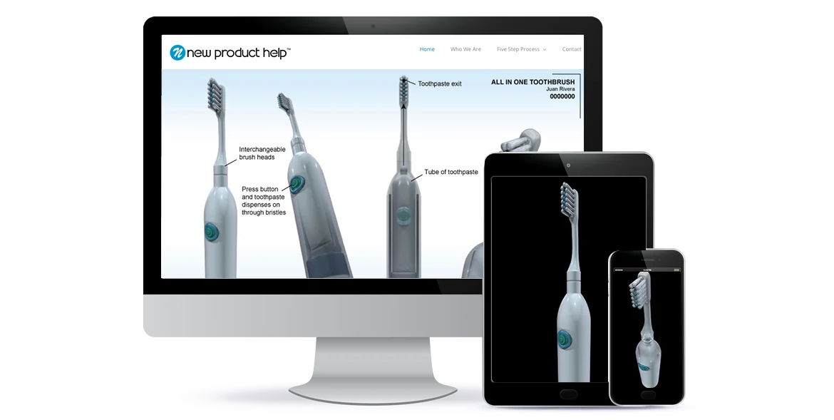 Product website for an all-in-one toothbrush shown on a desktop monitor, tablet and phone